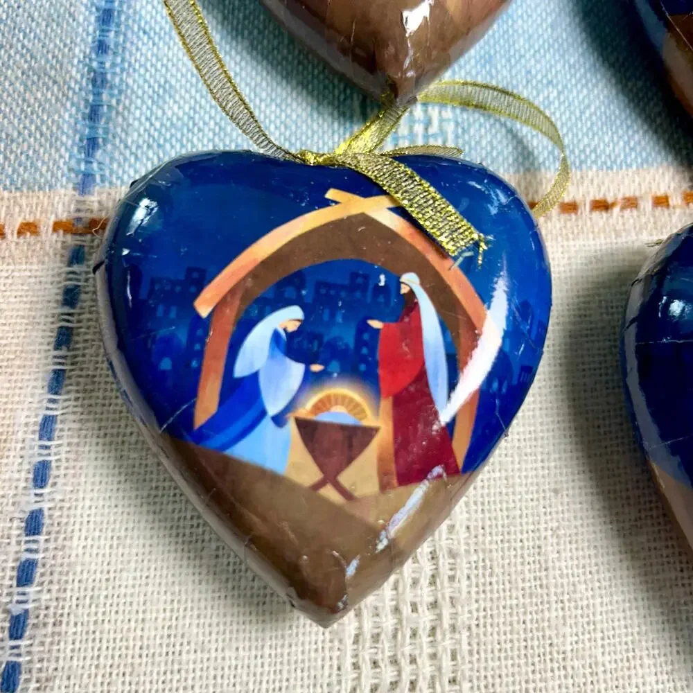 Set of 6 Heart-Shaped Nativity Ornaments – 3.5” Christmas Decor
